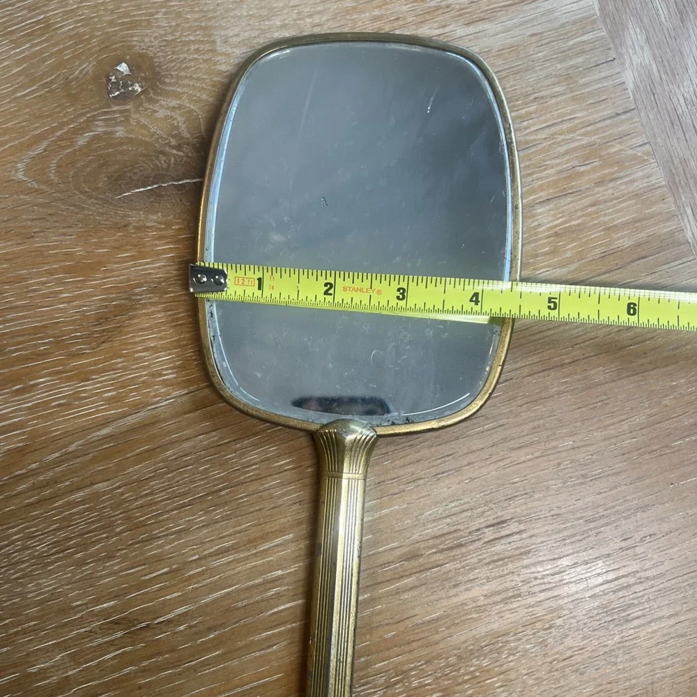 Art Deco‎ Vintage French Metal Brass Plated Vanity Hand Mirror 12